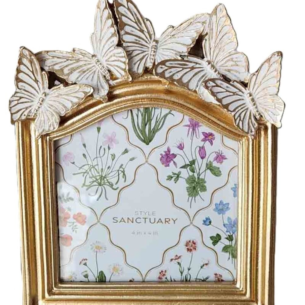 Style Sanctuary Metallic Gold White Butterflies Photo Frame Holds 4" X 4"